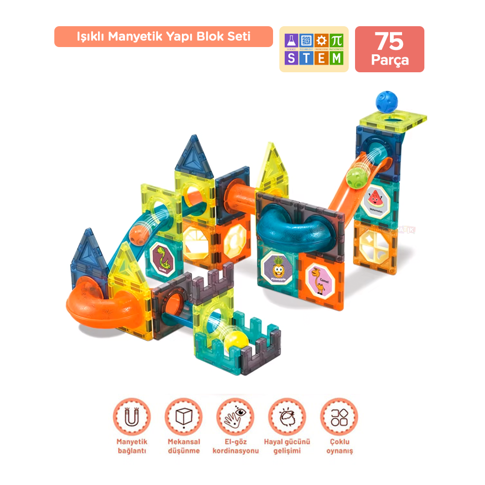Premuim Manyetik Işıklı Yapı Blok - Çocuklar için Renkli 3 Boyutlu 75 Parça Manyetik Stem Oyun Seti