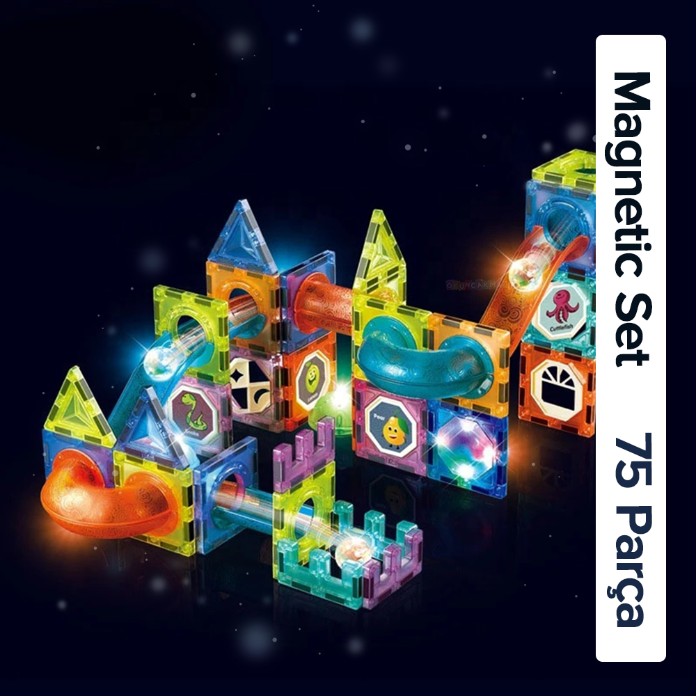 Premuim Manyetik Işıklı Yapı Blok - Çocuklar için Renkli 3 Boyutlu 75 Parça Manyetik Stem Oyun Seti