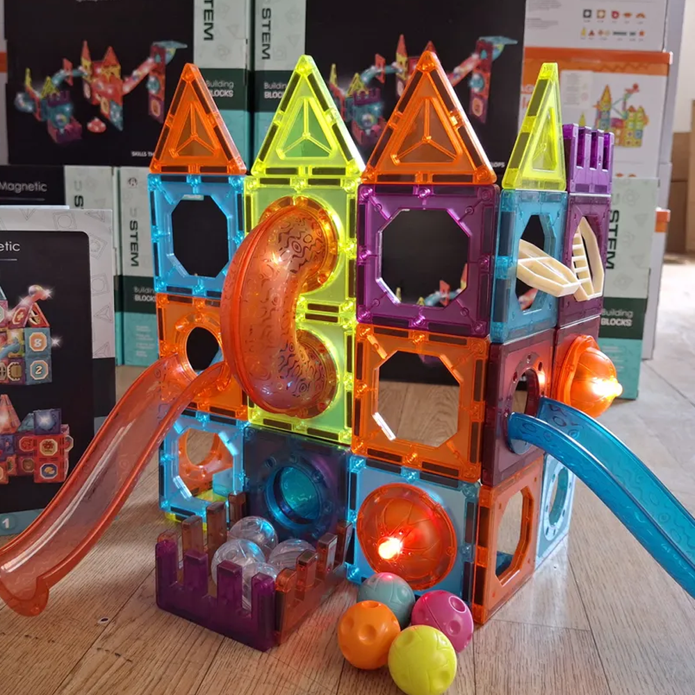 Premuim Manyetik Işıklı Yapı Blok - Çocuklar için Renkli 3 Boyutlu 75 Parça Manyetik Stem Oyun Seti