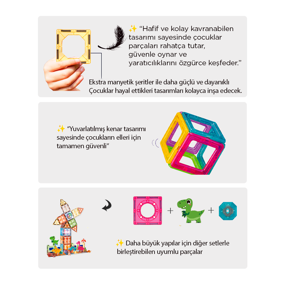 Premuim Manyetik Işıklı Yapı Blok - Çocuklar için Renkli 3 Boyutlu 75 Parça Manyetik Stem Oyun Seti
