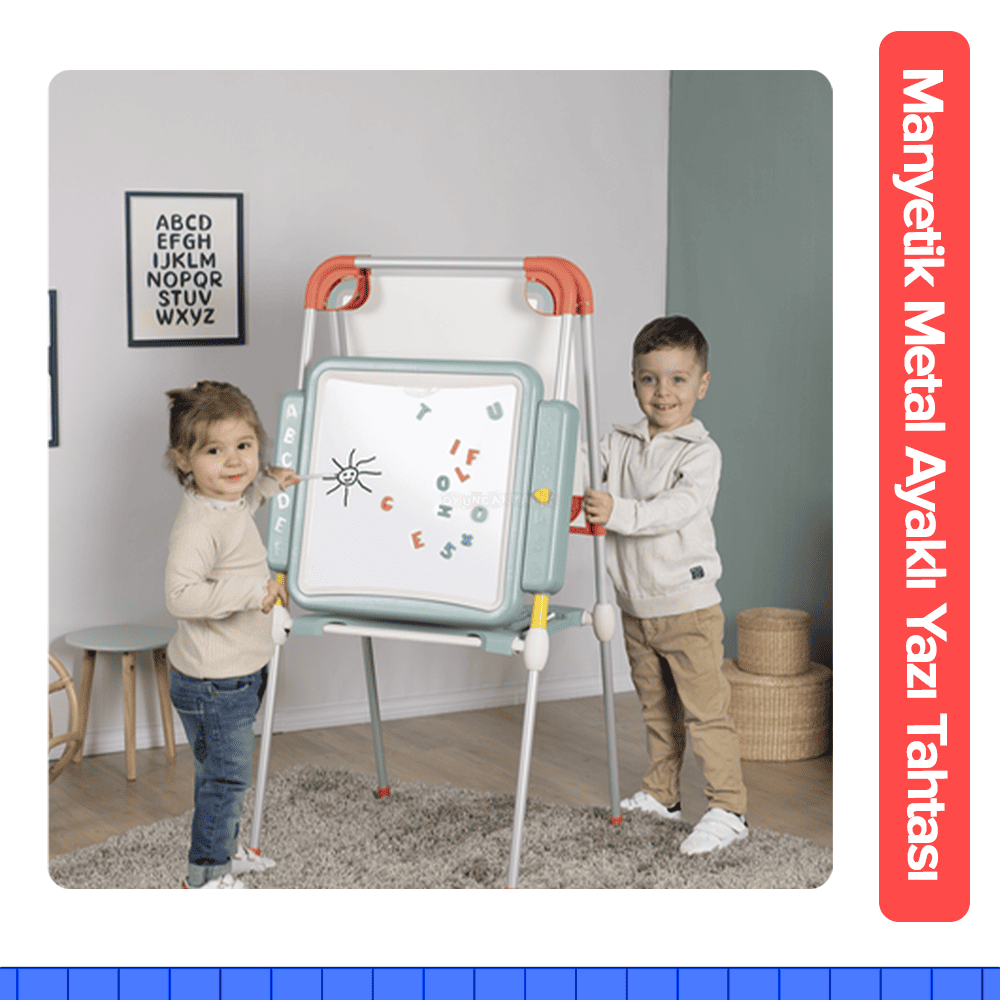 Eğlenceli ve Öğretici - Çift Taraflı Metal Ayaklı Smoby Manyetik Yazı Tahtası Seti