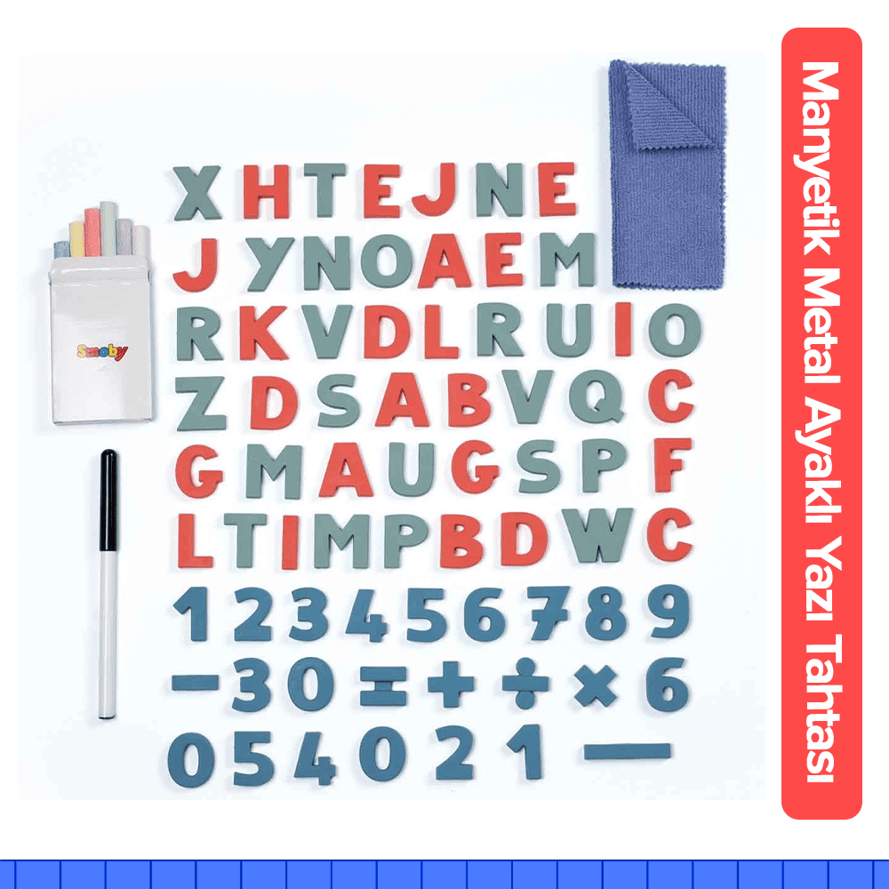 Eğlenceli ve Öğretici - Çift Taraflı Metal Ayaklı Smoby Manyetik Yazı Tahtası Seti