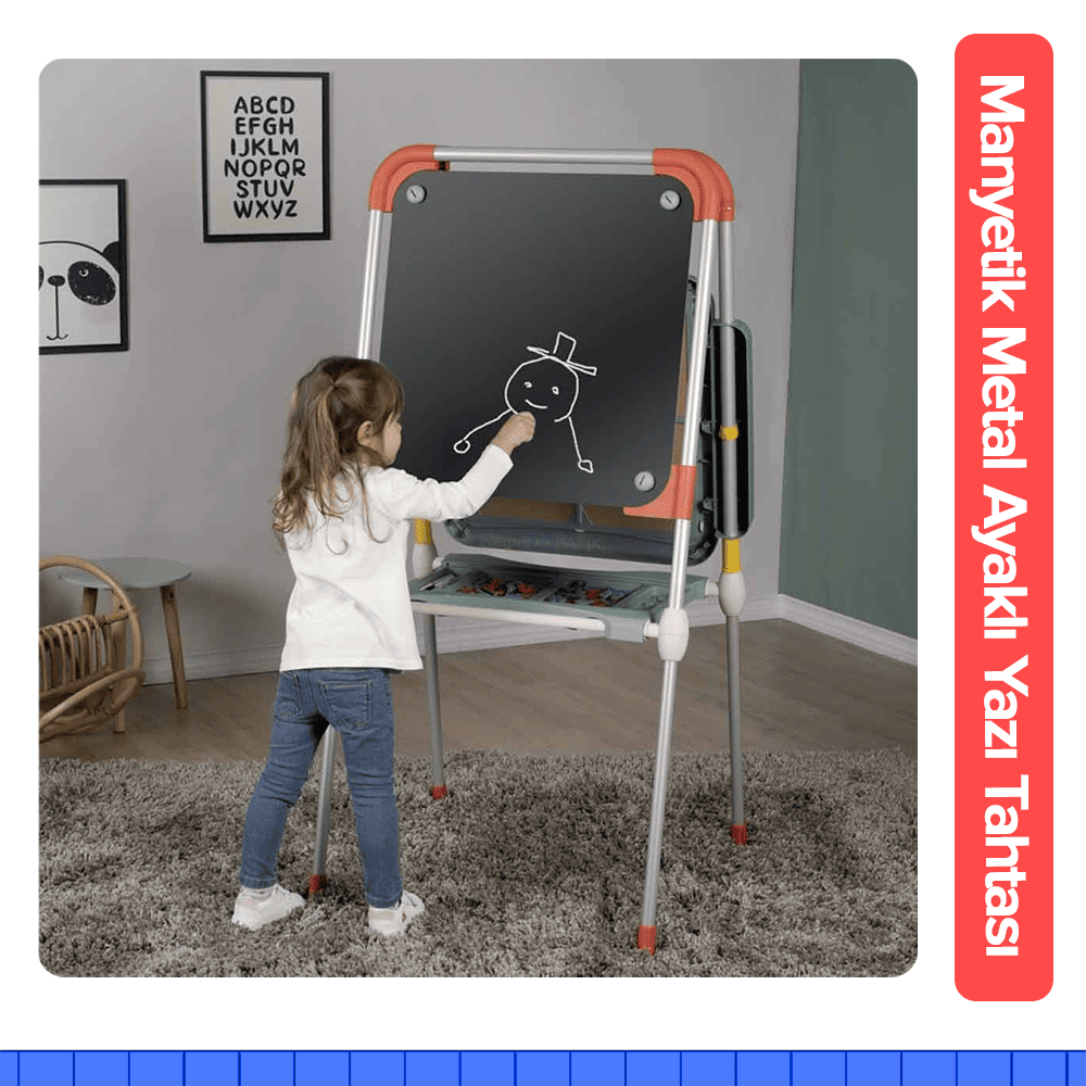 Eğlenceli ve Öğretici - Çift Taraflı Metal Ayaklı Smoby Manyetik Yazı Tahtası Seti
