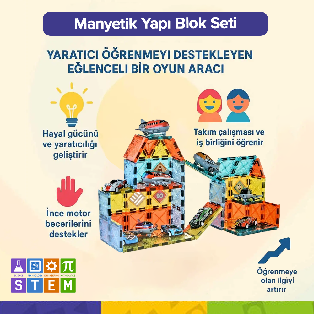 Manyetik Yapı Blokları Çocuklar İçin Renkli 3 Boyutlu 71 Parça Manyetik STEM Oyun Seti