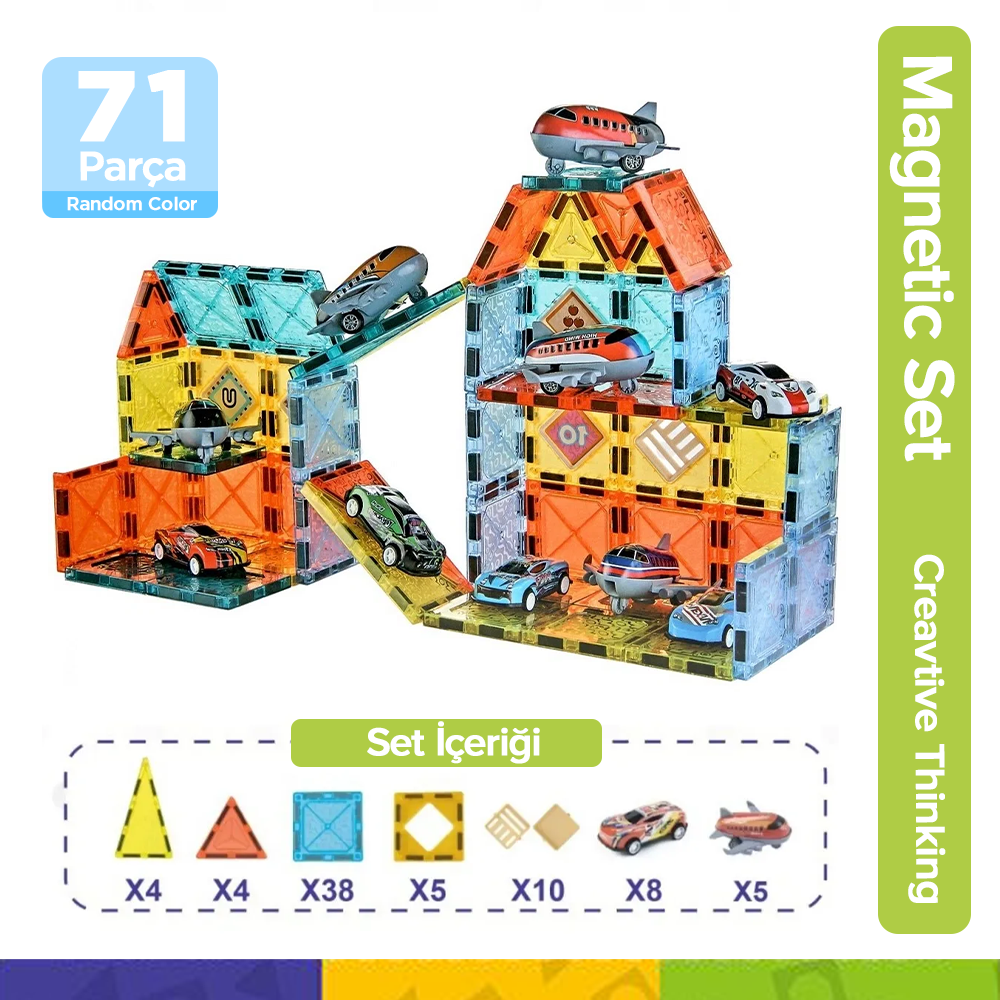 Manyetik Yapı Blokları Çocuklar İçin Renkli 3 Boyutlu 71 Parça Manyetik STEM Oyun Seti