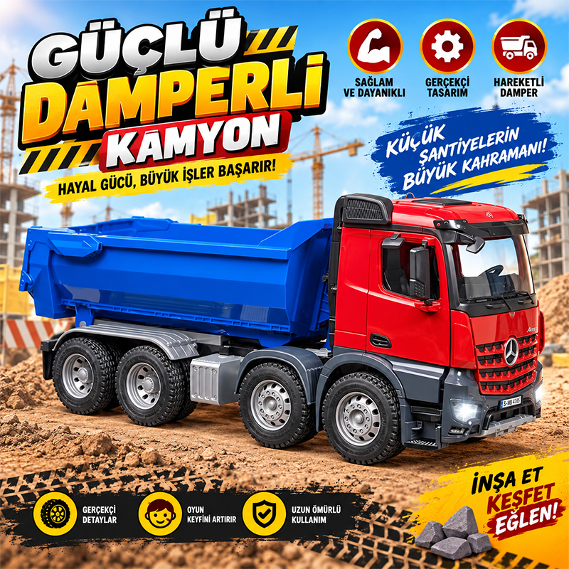 Büyük Boy MB Across Damperli Oyuncak Kamyon – Hareketli Kasalı İnşaat Aracı